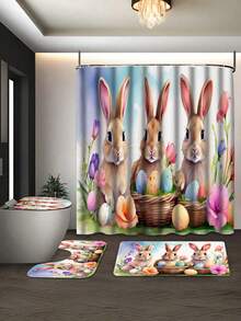 Easter Bunny Cartoon Shower Curtain Set, 1/3/4 Pcs, Waterproof Polyester Bathroom Decor With Hooks, Non-Slip Rug, U-Shaped Mat, Toilet Lid Cover, Lightweight Woven Art Partition, Suitable For All Seasons, Easy To Clean - Easter Home Accessories - A - View 26