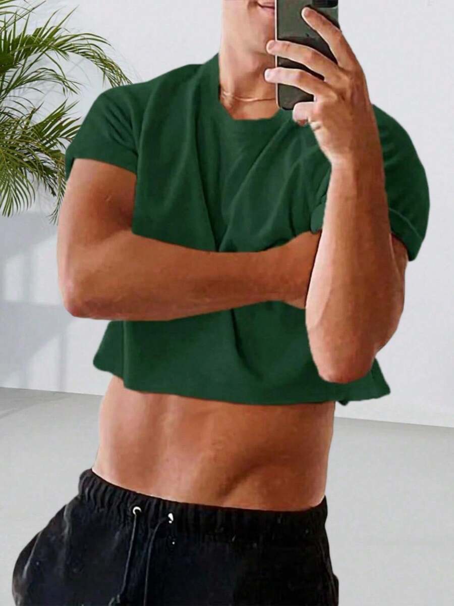 Mens Cropped Tank Top Short Sleeve Print Cotton Crop T Shirt Hot Shirts - màu xanh lá - Xem 1