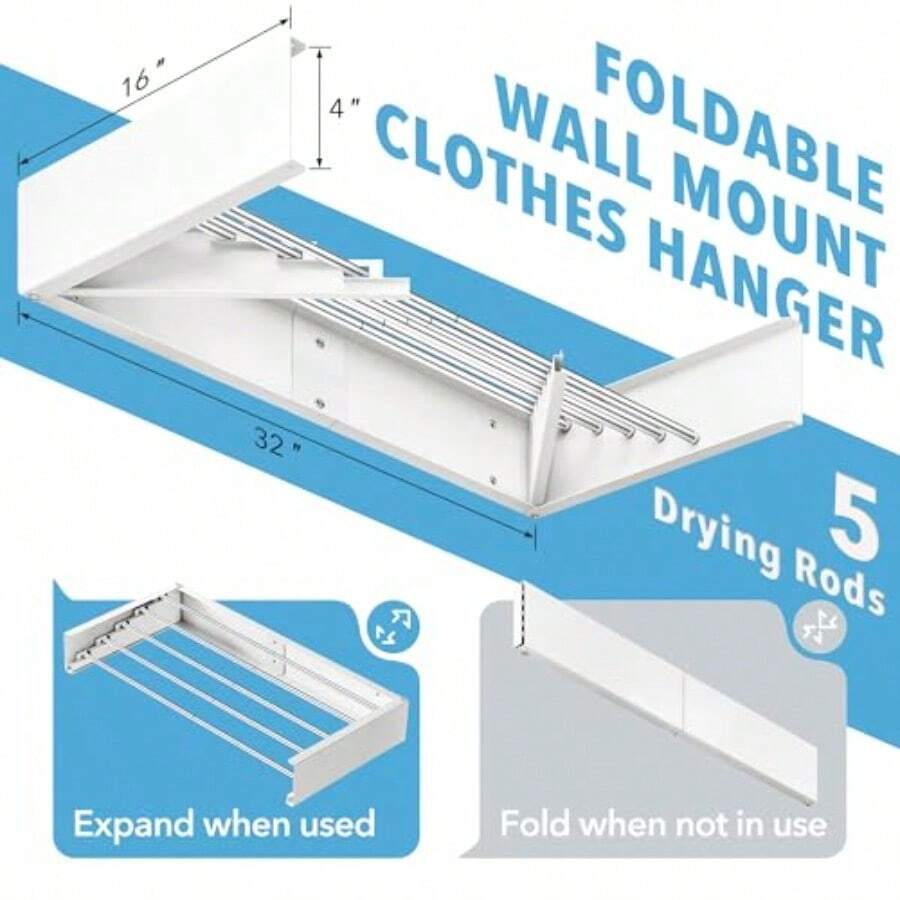 Tendedero de pared de 32 pulgadas para ropa tendedero para lavandería perchero de pared color blanco - Blanco - Ver 1