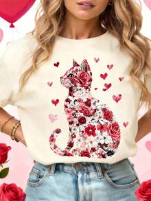 Valentinstag Katze; Valentinstag Damen T-Shirt; Herz-förmiger Liebes-Katzen-Muster; Valentinstag; Katzenliebhaber; Amor-Katze; Süße Katze - Aprikosenfarben - Übersicht 1