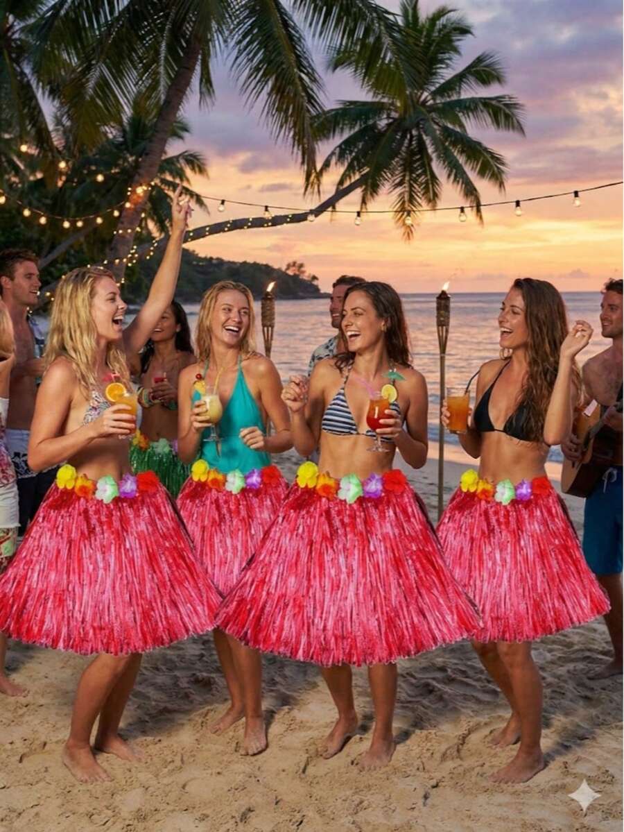 30-60厘米鲜艳热带夏威夷草裙 - 多色编织草裙，饰有花卉图案，是生日派对和化装舞会的理想之选 - 耐用塑料材质，无需电源，趣味十足的夏威夷派对装饰 - 彩色 - 查看 1