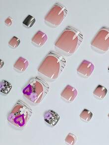 24片Y2K虎纹法式设计可爱3D花朵心形水钻美甲贴纸，优雅时尚金属银色和浅紫色豹纹法式假脚趾甲贴套装，包含1张美甲胶和1片随机迷你果冻凝胶贴片，适合女性和女孩使用。 - 彩色 - 查看 3