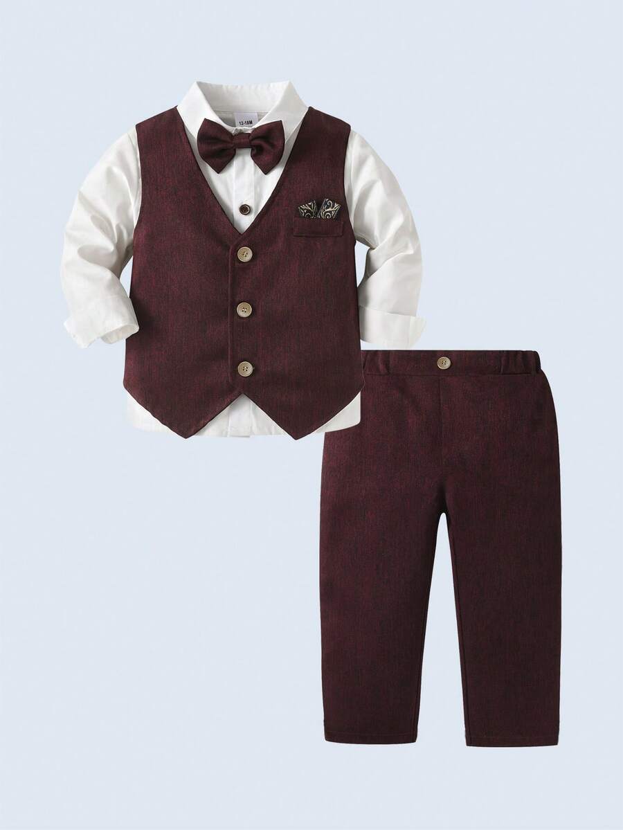 BOARNSEORL 3pcs Young Boys Gentleman Outfit - White Shirt, Bow Tie, Burgundy Vest & Pants, Suitable For Birthday, Christmas, New Year Party, Wedding, Anniversary - Burgundy - View 1