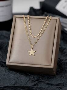 2件套扁平珠链双层五角星吊坠项链 - 金黃色 - 查看 4