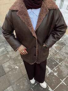 Livesso 保暖内衬宽松拼接长袖翻领口袋休闲街头风女式常规夹克，秋冬女式外套 - 棕色 - 查看 4