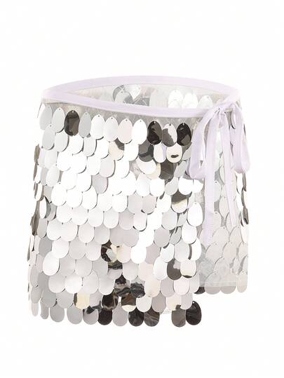 1pc Women's Stage Performance Outfit Set, Sequin Fringe Skirt Suit, Dance Costume With Sequins And Fringe