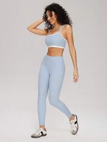 MASKERT 2pcs Women Yoga Set, Short Sleeve Vest And Long Pants, High Elasticity Sweat-Wicking Tennis Sports Running Suit, Casual Home Outfit - Dusty Blue - View 7