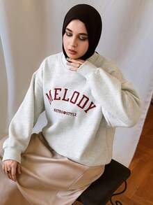 Livesso Women Round Neck Loose Letter Embroidery Pullover Sweatshirt,Long Sleeve Tops - Light Grey - View 3