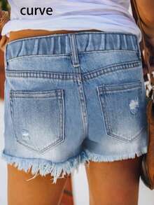 Plus Size Women Casual Ripped Straight Leg Denim Shorts - Light Wash - View 2