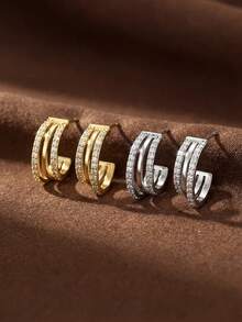 1对简约三层锆石耳钉，925纯银，精致首饰，适合女性日常佩戴 - 三層耳環 - 查看 4