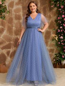 Women Plus Size Elegant Mature Bridesmaid Dress For Wedding Guest, Maid Of Honor, Ruffle Sleeve, Shiny, Suitable For Wedding, Party, Graduation, Formal Dinner, Spring/Summer/Autumn - Dusty Blue - View 6