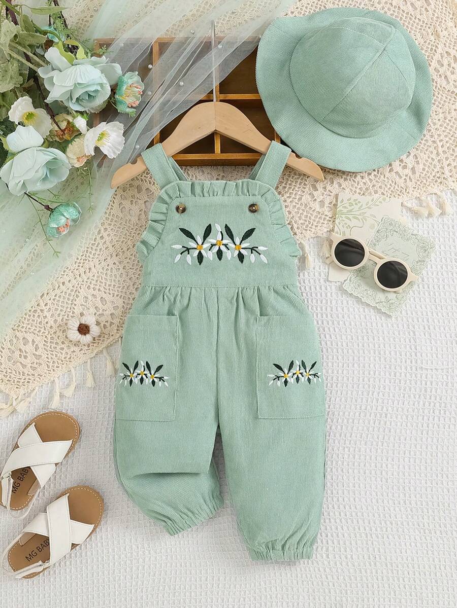 Bộ quần áo 2 món cho bé gái, gồm áo liền quần và mũ, thêu họa tiết và có túi, thích hợp cho mùa hè. - màu xanh lá - Xem 1