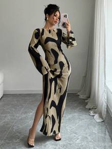 Vestido con estampado de patrones, diseño cruzado sin espalda y abertura lateral, elegante y de moda para mujeres,adecuado para uso diario y citas, se puede combinar con un abrigo. - Albaricoque - Ver 7