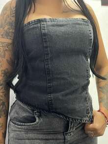 Graphite Denim Set With Jeans And Graphite Strapless Cropped Top - International Fashion New Release - Xám - Xem 2