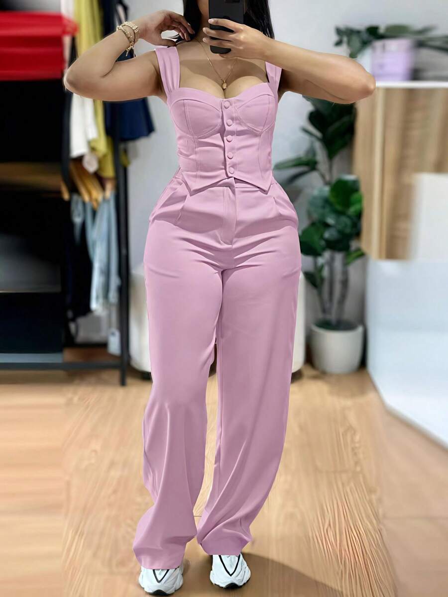 2026 European And American Women's Clothing Temperament Elegant Suspender Short Tight Vest Casual Wide-Leg Pants Set - 粉紅色 - 查看 1