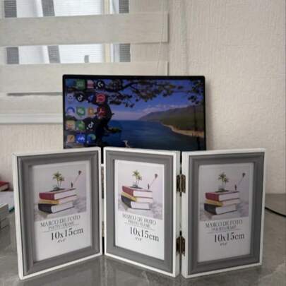 Marco de fotos tríptico plegable tipo biombo, creativo, de sobremesa, para colocar tres fotos; ideal para fotos de graduación y como regalo de cumpleaños.