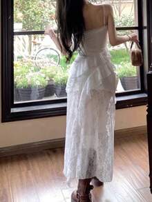 夏季V领荷叶边下摆甜美柔软不规则优雅Y2K性感女士生日派对夜店迷你紧身露背连衣裙，女士假日晚宴蕾丝吊带裙，时尚仙女裙设计 - 白色 - 查看 5
