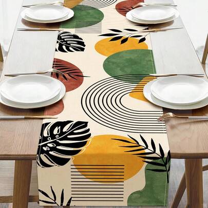 Bohemian Geometric Table Runner, Abstract Modern Art Arch Circle Palm Leaf Turtle Bamboo Burlap Kitchen Decor, Minimalist Botanical Indoor Outdoor Home Decoration Party Supplies