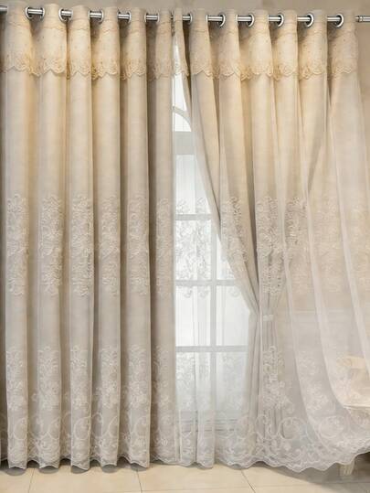 1件欧式双层刺绣遮光窗帘，带穿孔