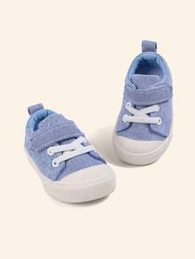 1 Pair Baby Boys' Blue Canvas Sneakers, Strap, Lace-Up, Round Toe, Soft Sole Flat, Comfortable Breathable, Multifunctional Casual Baby Shoes, Suitable For Daily Outdoor Activities, Hiking, Walking And School Outfit, All Season - Blue - View 4