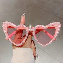 Light Luxury Pink Heart-Shaped Glasses With Artificial Pearl Decoration Fashion Frame UBWC - 粉灰漸層色 - 查看 5