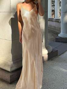 Elegant V-Neck Backless Satin Slip Dress Party Summer - Champagne - View 5