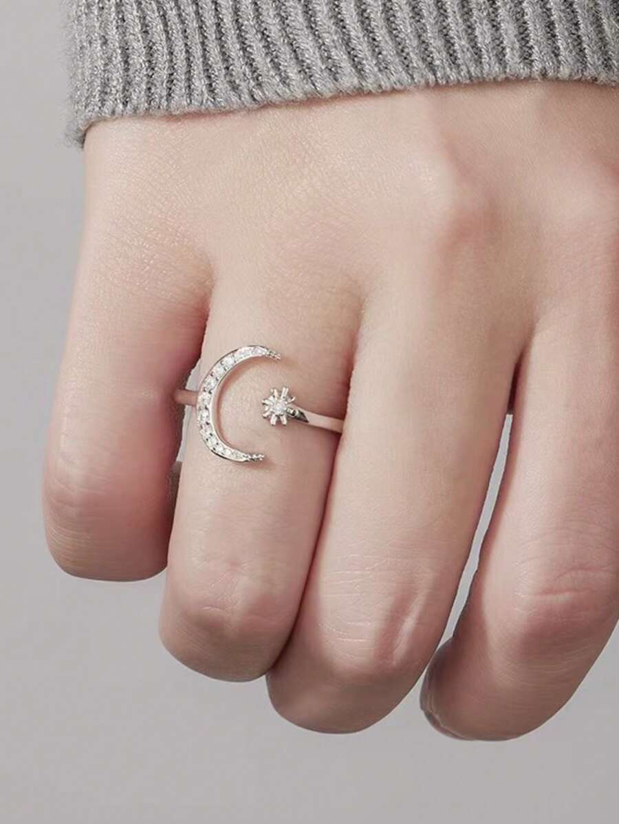 Rhinestone Star & Moon Decor Cuff Ring - Silver - View 1