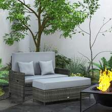 2-Seater Polyrattan Lounge Sofa With Cushions And Footrest, Grey, For Terrace And Balcony. - Camel - View 2