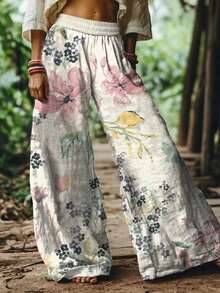 Vintage Bohemia Floral Pattern Women's Casual Pants Elastic Waist Trousers-Ladies' Elegant Retro Bohemian Casual Pants Beach Vacation Loose Printed Horn Wide Leg Pants Polyester Pants - Nhiều màu 2 - Xem 2