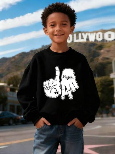 New Arrival Kids' Relaxed Fit Stylish Crewneck Sweatshirt - Black 100% Polyester, Dodgers Hand Gesture Graphic Print, Ultra Comfortable & Super Soft, High-End Look, High Turnover Rate, Daily Versatile, Commute Essential, For Boys & Girls Aged 1-14, Perfect For Casual & Game Day | Express Delivery