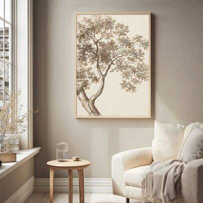 1pc Framed/Unframed Vintage Tree Botanical Landscape Canvas Poster Antique Tree Rustic Wall Art Print Minimalist Farmhouse Decor Retro Japandi Painting For Apartment,Living Room,Bedroom,Modern Home Decoration