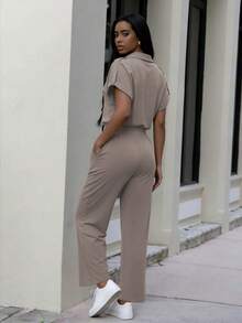 Two Pieces Set Spring/Summer Women's Solid Color Minimalist Casual Set Lapel Short-Sleeve Top With High-Waisted Pocket Straight-Leg Pants Two Pieces Set - Màu Xám nhạt - Xem 4