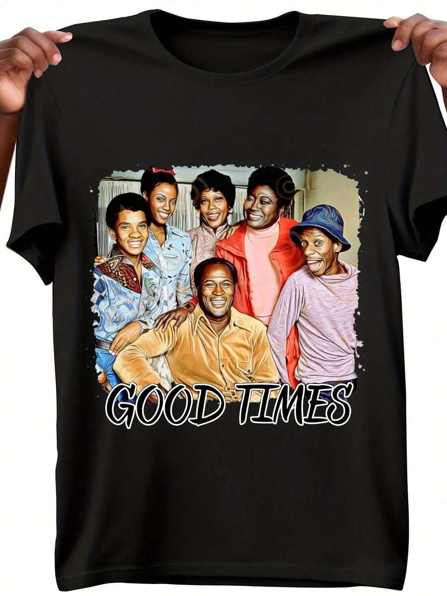 Men's "Good Times" Retro Print Cotton T-Shirt - Classic Fit, Breathable, Vintage Style With Colorful Character Design, Made In USA, Ideal For Casual Wear, Relaxed Fit Tee|Retro Print Shirt|Made In Usa Tee The Perfect Gift For Valentine's Day And Birthdays. - 黑色 - 查看 1