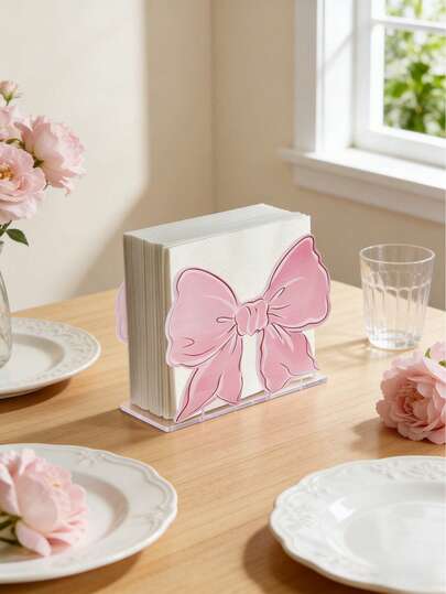 1 pezzo Portafazzoletti con fiocco rosa, dispenser verticale in acrilico per fazzoletti, elegante copertura per scatola dei fazzoletti con design romantico a fiocco, accessorio decorativo da scrivania, decorazione per cucina e accessorio, portarotolo impermeabile per casa, ristorante, hotel, camera da letto, San Valentino, decorazione per matrimonio