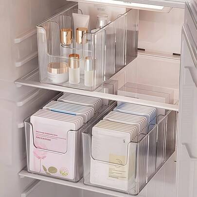 透明化妆品收纳盒，带3个可拆卸隔板，梳妆台面护肤品收纳架，可存放面膜、化妆品、CD等，适用于卧室、浴室