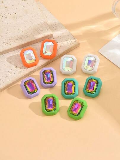 2pcs Rectangular Rhinestone Earrings, Fresh & Sweet Fashion Stud Earrings, Cute & Girly, Suitable For Daily, Commute, And Gatherings