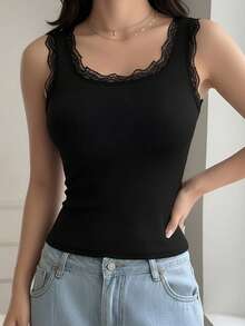 1pc Women Casual Comfortable Lace Patchwork Round Neck Camisole, Slim Fit Ribbed Sleeveless Solid Color Tank Top, Suitable For All Seasons - Black - View 5