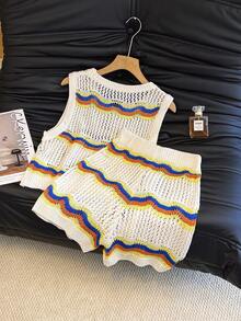 2件套女士镂空条纹背心，系带露脐性感休闲针织套装，沙滩度假风，春夏款 - 奶油色 - 查看 3