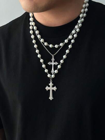 3pcs/Set Versatile Cross Beaded Necklace, Long Sweater Chain For Men, Father's Day Gift, Charming Accessory, Fashionable Jewelry