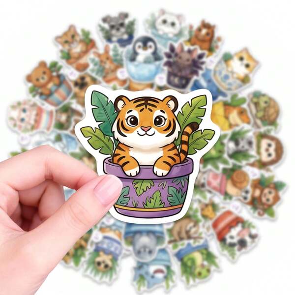 50张盆栽动物贴纸，可爱宠物和植物防水乙烯基贴纸，适用于笔记本电脑、水瓶、日记本和剪贴簿，自然美学装饰，适用于DIY工艺品和家居装饰