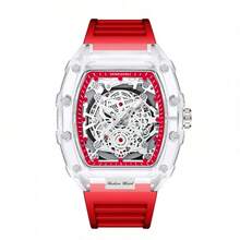 KIMSDUN Transparent Barrel‑Shape Watch For Men| Luminous Date Display & 30M Water‑Resistant Silicone Strap Quartz Watch - Transparent Red Face - Red Ribbon - View 13