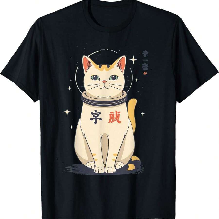 Japanese For Men Graphic Cat Design T-Shirt - 黑色7 - 查看 1