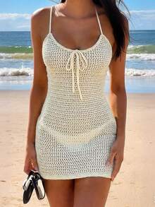 Bộ sưu tập Xuân/Hè 2026 mới dành cho nữ: Áo hai dây lưới màu vàng kem buộc dây, váy ngắn dệt kim, chất liệu vải dệt kim, thiết kế buộc dây, mang đến vẻ quyến rũ ngọt ngào, gợi cảm, tươi trẻ, tràn đầy sức sống, thanh lịch thuần khiết, phong cách cô gái rừng xanh dịu dàng, trang phục đi biển/nghỉ dưỡng, áo khoác ngoài bikini năng động, phù hợp cho các bữa tiệc bãi biển mùa hè, lễ hội âm nhạc, dã ngoại, hẹn hò và nhiều dịp khác. - Màu vàng - Xem 4