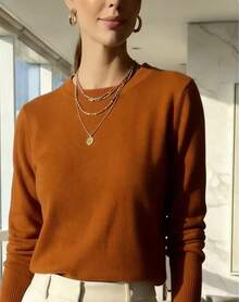 WOMEN'S LONG SLEEVE KNITTING BLOUSE WINTER BASIC ROUND NECK SWEATSHIRT - 焦糖 - 查看 1