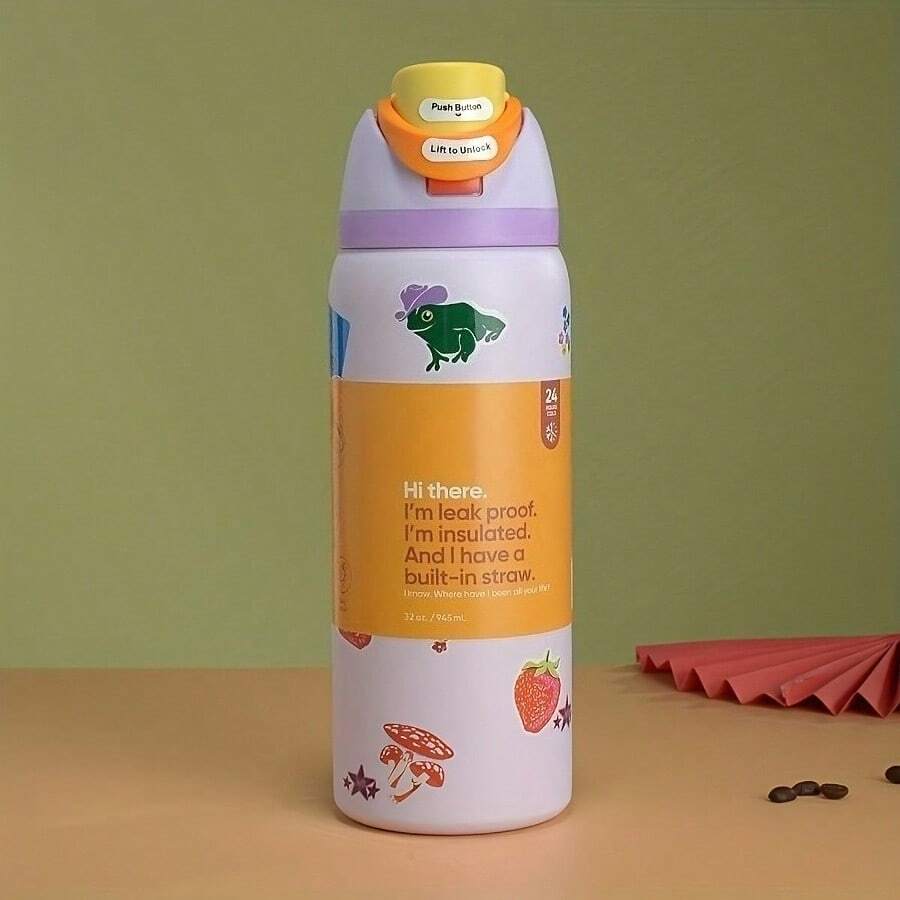 24oz /32oz Stainless Steel Insulated Water Bottle With Straw, Portable Coffee Mug Suitable For Hot & Cold Drinks, Fitness And Cycling Water Bottle, Leak-Proof Lid Travel Cup For Camping, Hiking, Driving, Outdoor Activities - 草莓 - 查看 1