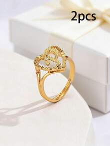 2pcs Elegant Hollow Heart & Letter Adjustable Rings, Fashionable Jewelry Gifts Suitable For Women, Girlfriends, Wives, Mothers, Families And Friends On Birthdays, Anniversaries And Other Occasions - Yellow Gold - View 11
