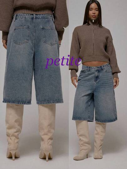 Petite Women's Relaxed Fit Washed Denim Jeans, Solid Color With Zipper Pockets And Buttons, Versatile For Daily Wear