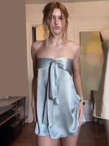 Vestidos Elegantes De Mujer Club Outfits For Women Dresses For Women Winter Dresses For Women Dresses For Women Party Dresses For Women Elegant Fashionable And Hot Girl Street Style Satin Strapless Solid Color Sleeveless Dress - 藍色 - 查看 7