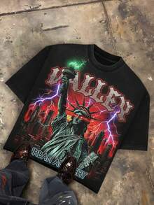 Valley Liberty Flame Pink Chaos Vintage Oversized Short Sleeve Pure Cotton T-Shirt Men's Loose Fit Drop Shoulder, Y2K Streetwear Casual Graphic New York Rebel Aesthetic Baggy 100% Cotton Gift For Him - màu đen - Xem 1