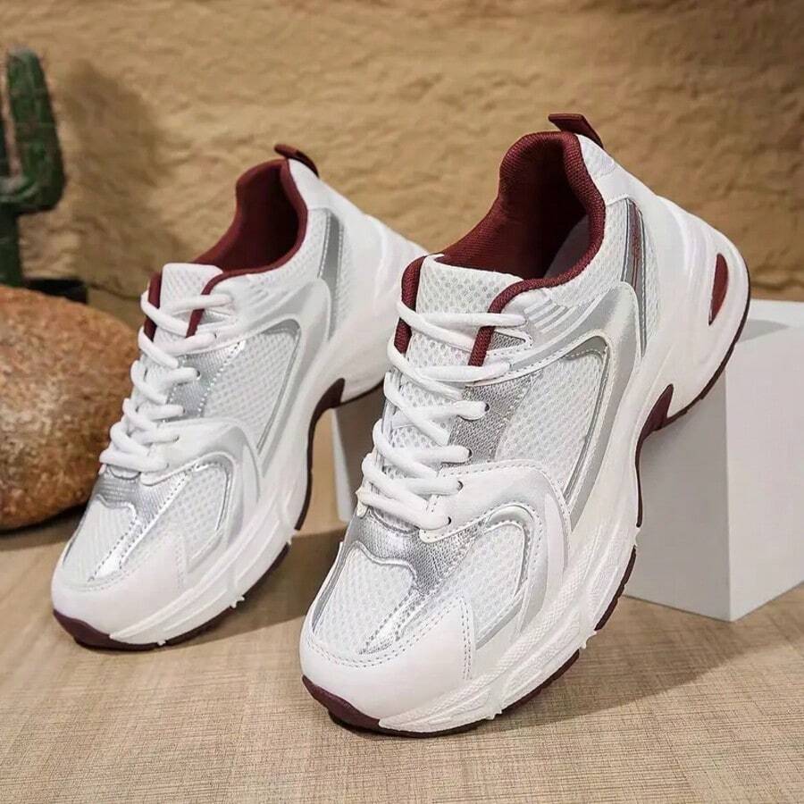 New Women Casual Sneakers, Chunky Sneakers, Shoes, White Shoes, Lace-Up Round Toe Mixed Material Breathable Versatile Printed Graffiti College Style Student Outdoor Hiking Casual Commuting Shoes - 紅白色 - 查看 1